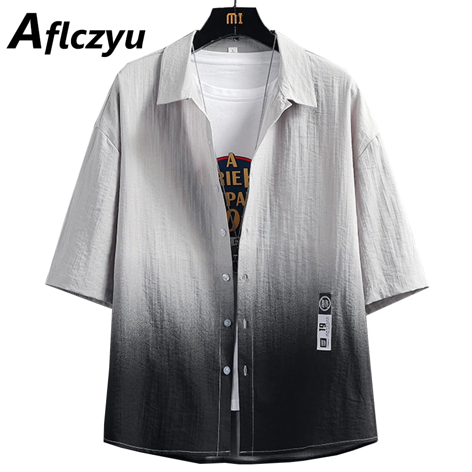 

Summer Short Sleeve Shirts Men Linen Shirts Fashion Streetwear Gradient Shirts Male Summer Tops Three-quarter Sleeve