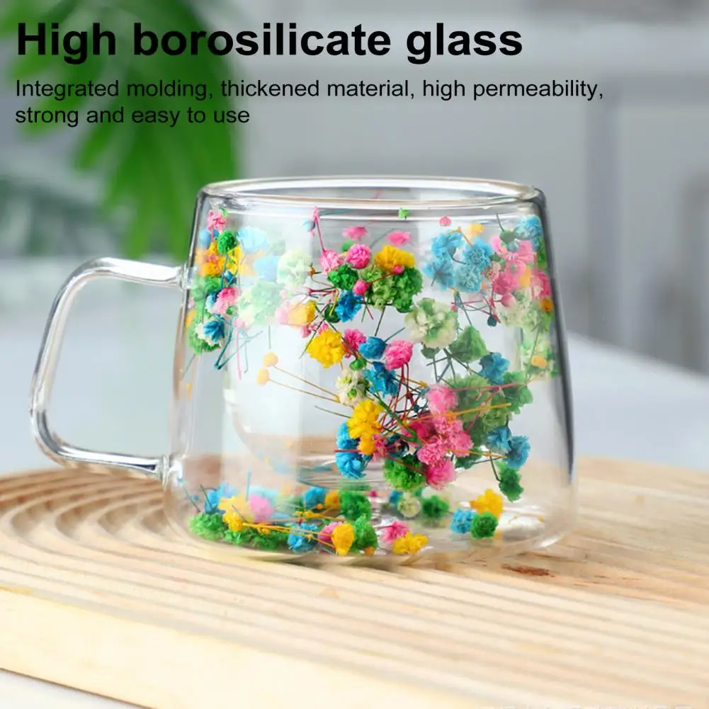 Glass Mug with Real Flowers Elegant Floral Design Glass Cups for Tea Coffee Gatherings Double Walled Heat Resistant for Sipping