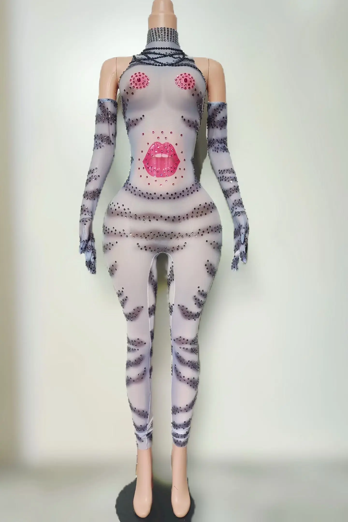 

Sexy See Through Mesh Long Sleeve Jumpsuit Pink Lip Sparkly Rhinestone Print Matching Gloves Drag Queen Performer Wear Chunyou