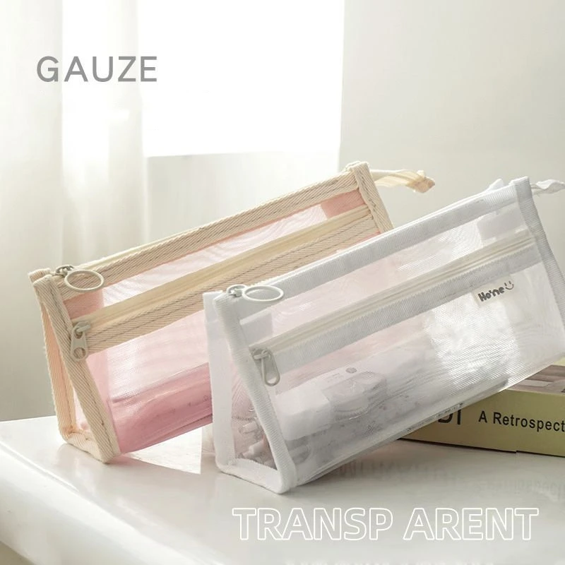 Transparent Mesh Pencil Bag Pen Case Double Layer Gauze Storage Pouch for Stationery Office School A7453