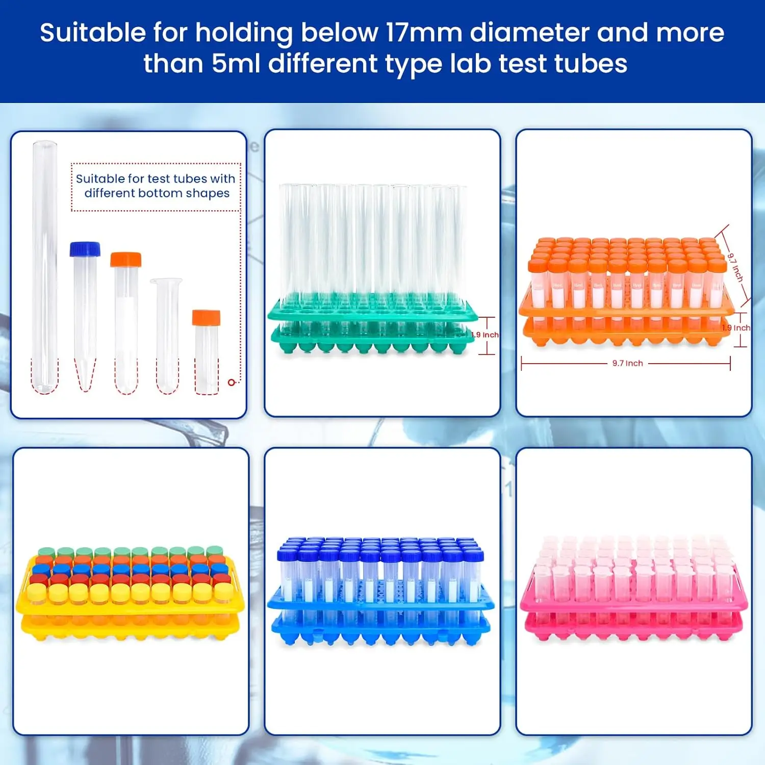 Plastic Test Tube Rack 50-Holes Centrifuge Tube Rack Lab Test Tubes Holder Stand Bracket Pink、Blue、Green、orange、yellow，1Pcs view 4