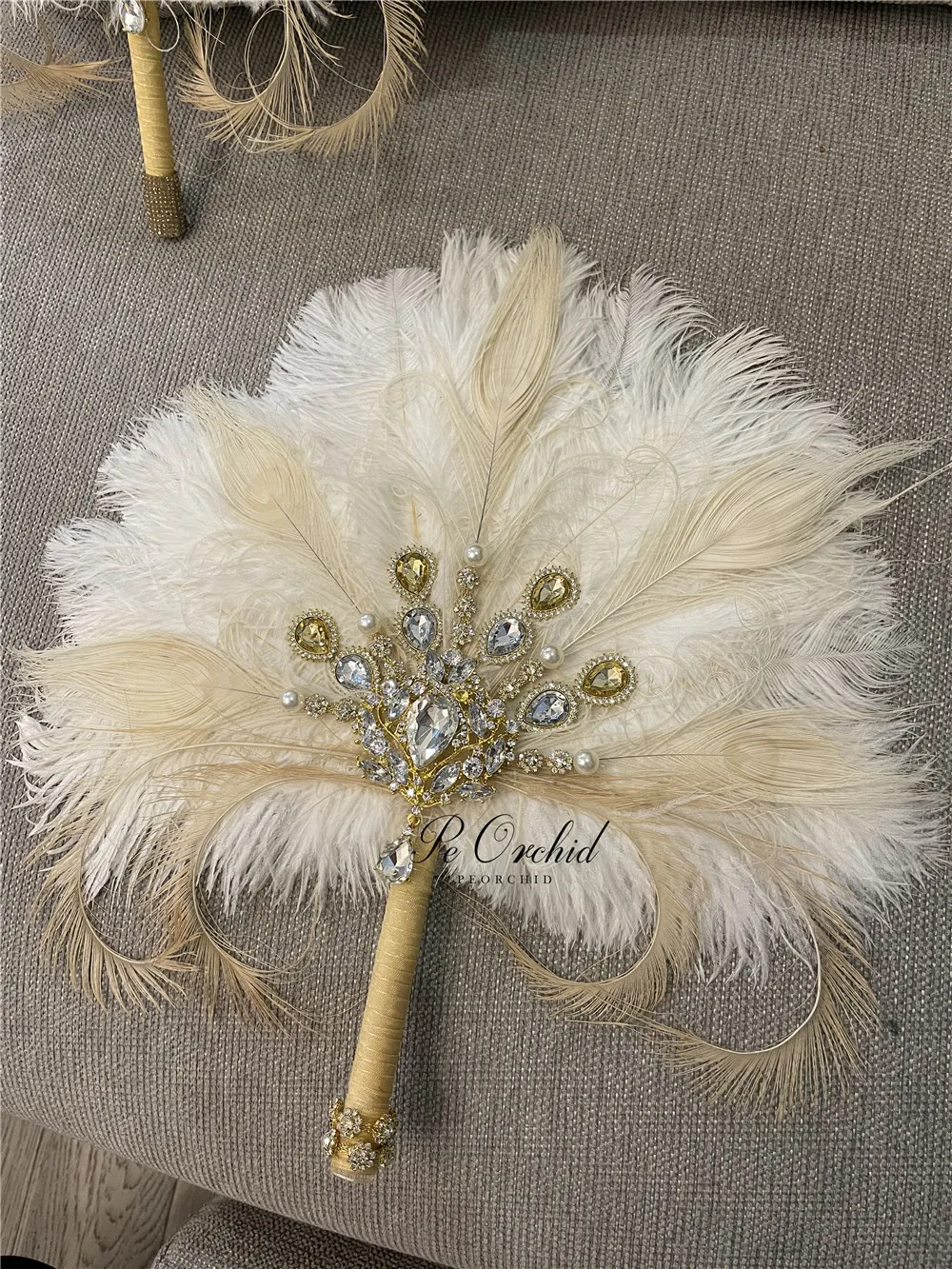 PEORCHID Inspired Ostrich Feather Brooch Bridal Fan Bouquets Mariage Artificial Great Gatsby Wedding Flower Biamond Bouquet