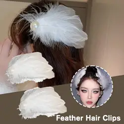 2pcs White Swan Feather Hairpin Headwear Ballet Style Stage Performance Side Clip Girl Party Faux Pearl Accessories Hair Clips