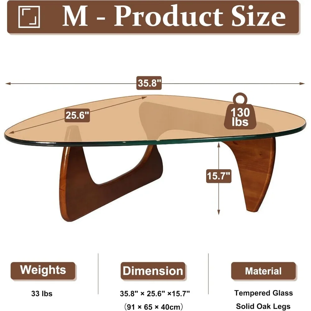 Tavolino da caffè moderno Mid-Century - Tavolino da caffè triangolare con base in legno naturale con piano in vetro triangolare per soggiorno, patio, ufficio, Abstra