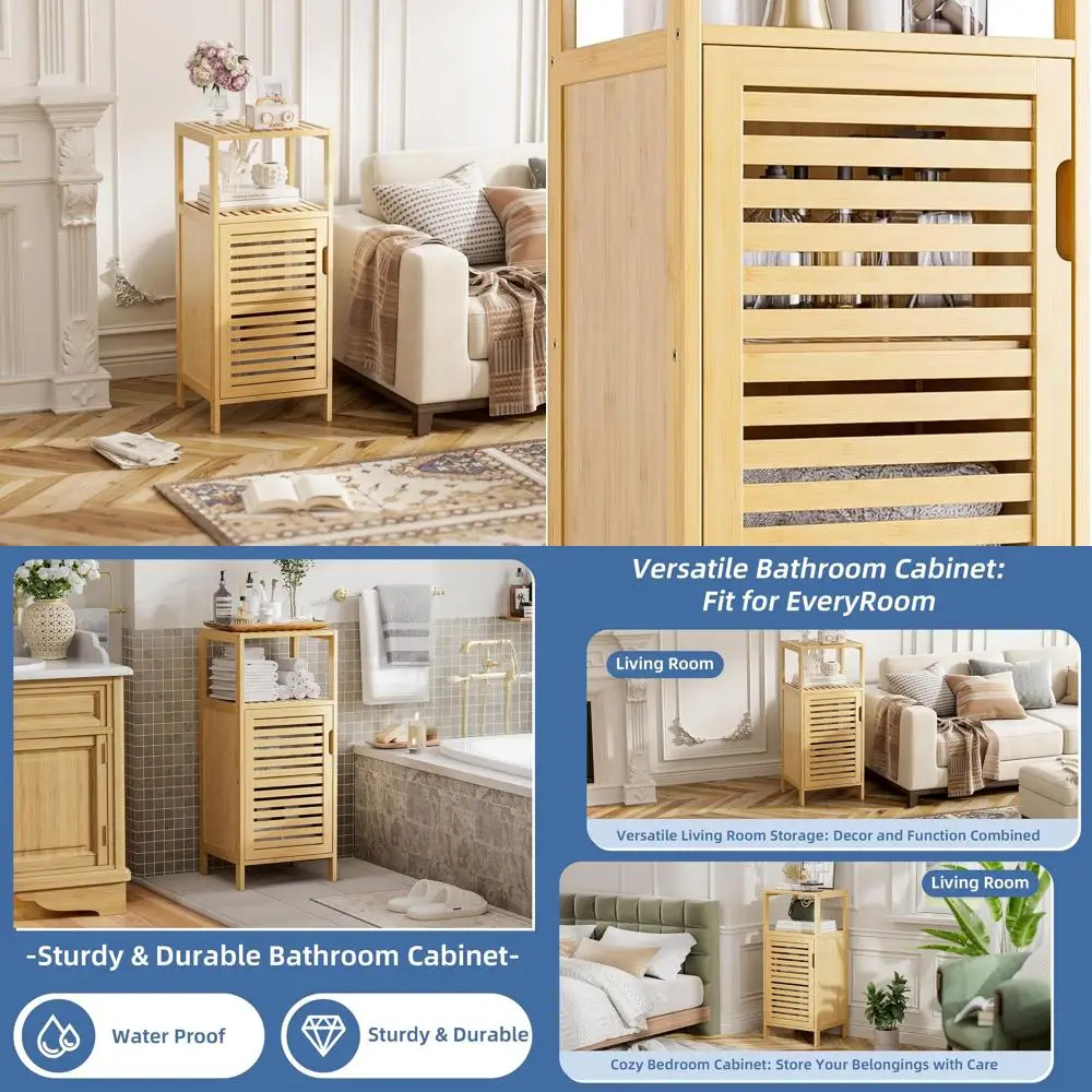 

Compact Bamboo Floor Cabinet with 4-Tier Storage for Sofa Side, Kitchen, and Bathroom Organization