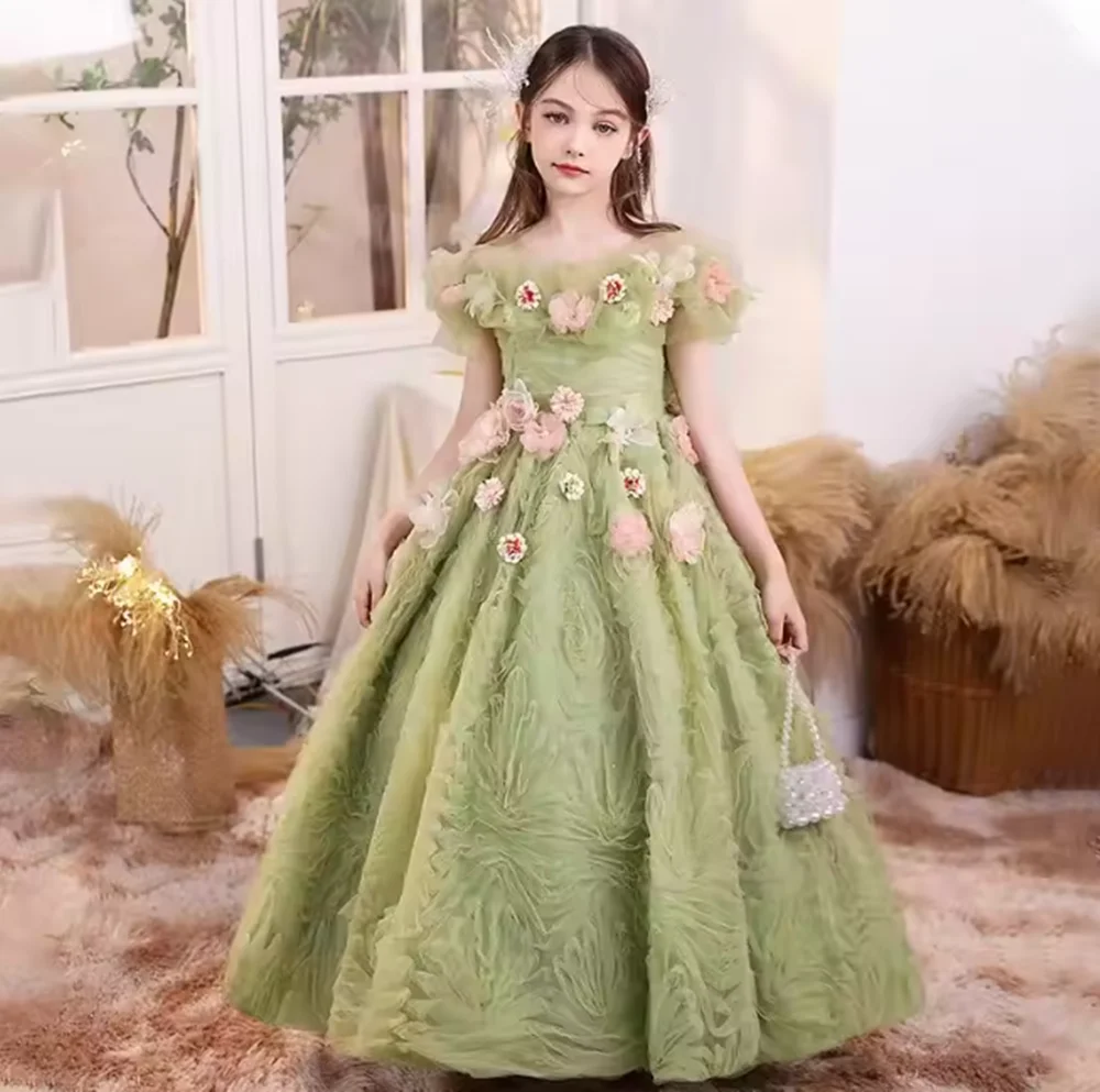 

Luxury Sage Green Girl Dress with Flowers Arab Long for Princess Kids Birthday Wedding Party Pageant Holiday Gown