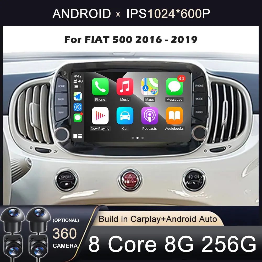 7 inch Android For FIAT 500 2016 2017 2018 2019 GPS Navigation Android Auto Carplay Multimedia Player 5G Wifi BT 360 Camera DSP