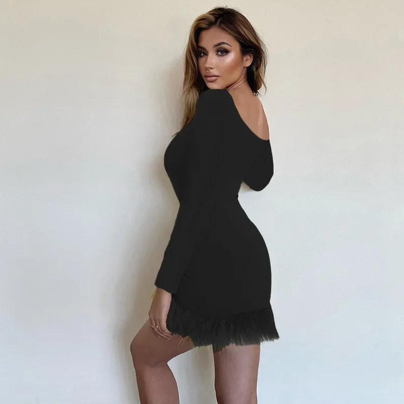 2024 Autumn/Winter Sexy Party Dress Tank Top Women's Fashion Fur Hem Long sleeved Diagonal Neck Tight Midi Dress  CSM42YY