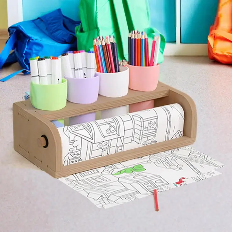 New Wooden Holder Tabletop Paper Roll Dispenser W/4 Hole Kids DIY Painting Drawing Tool Parchment Dispenser For DIY Art Painting