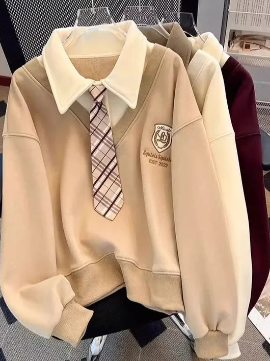 

Женский свободный топ с воротником-стойкой Thiened Fce, модный осенне-зимний новый дизайн с завязками для колледжа, толстовки...