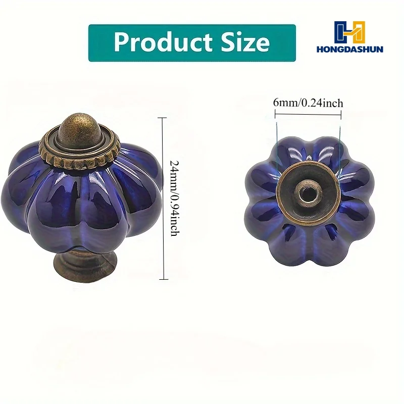 Vintage Cobalt Blue Ceramic Pumpkin Knob Zinc Alloy Cabinet Drawer Dresser Pull Handle with Screws for Kitchen Closet Wardrobe D