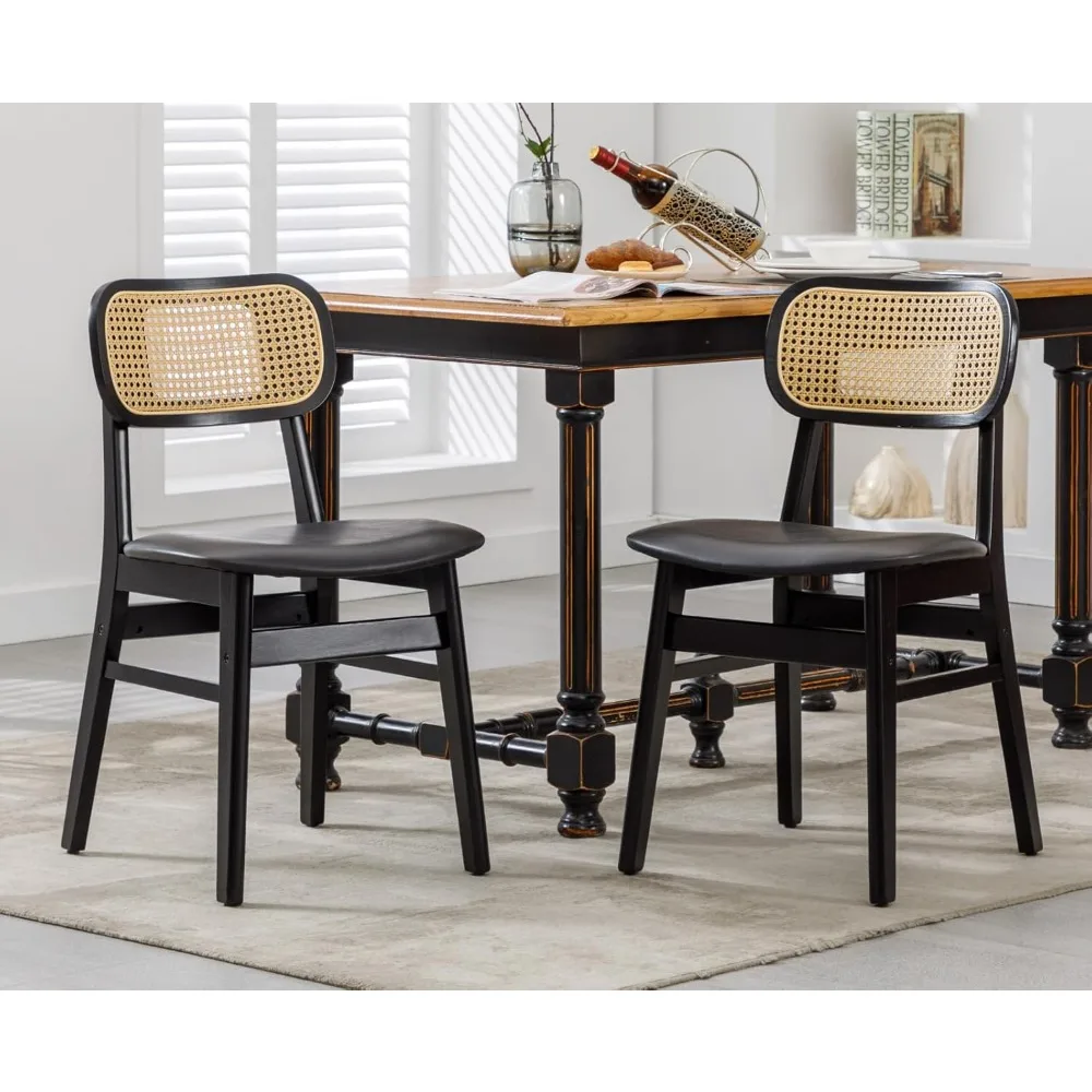 Mid Century Modern Rattan Chairs Set, 2 Curved Back Farmhouse Dining Chairs with Leather Seats for Kitchen