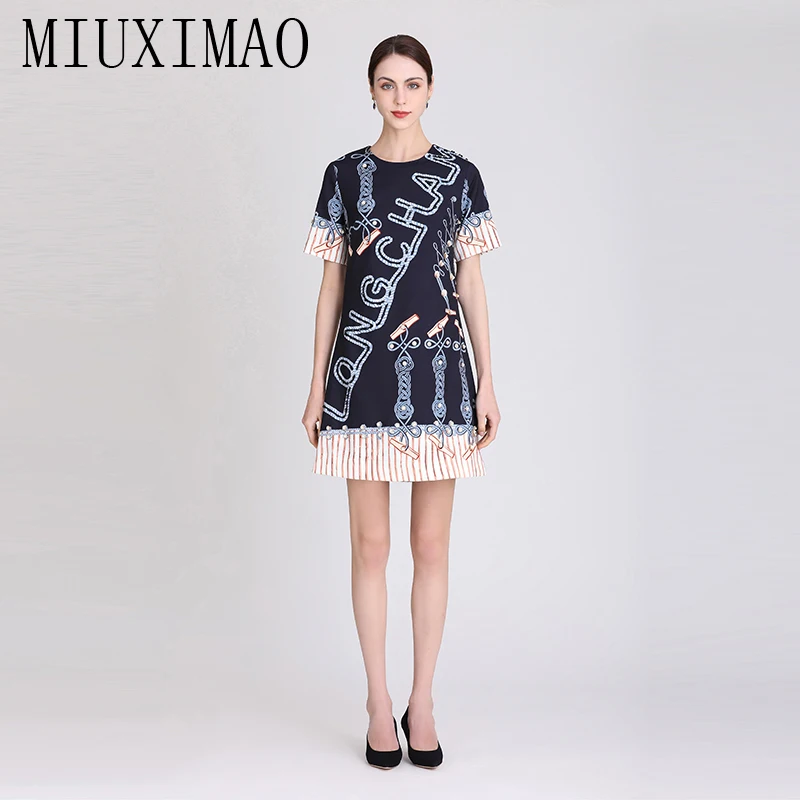 MIUXIMAO 2023 High Quality Spring&Summer Elegant Dress Short Sleeve O-Neck Jacquard Letter Fashion Mini Dress Women Vestide