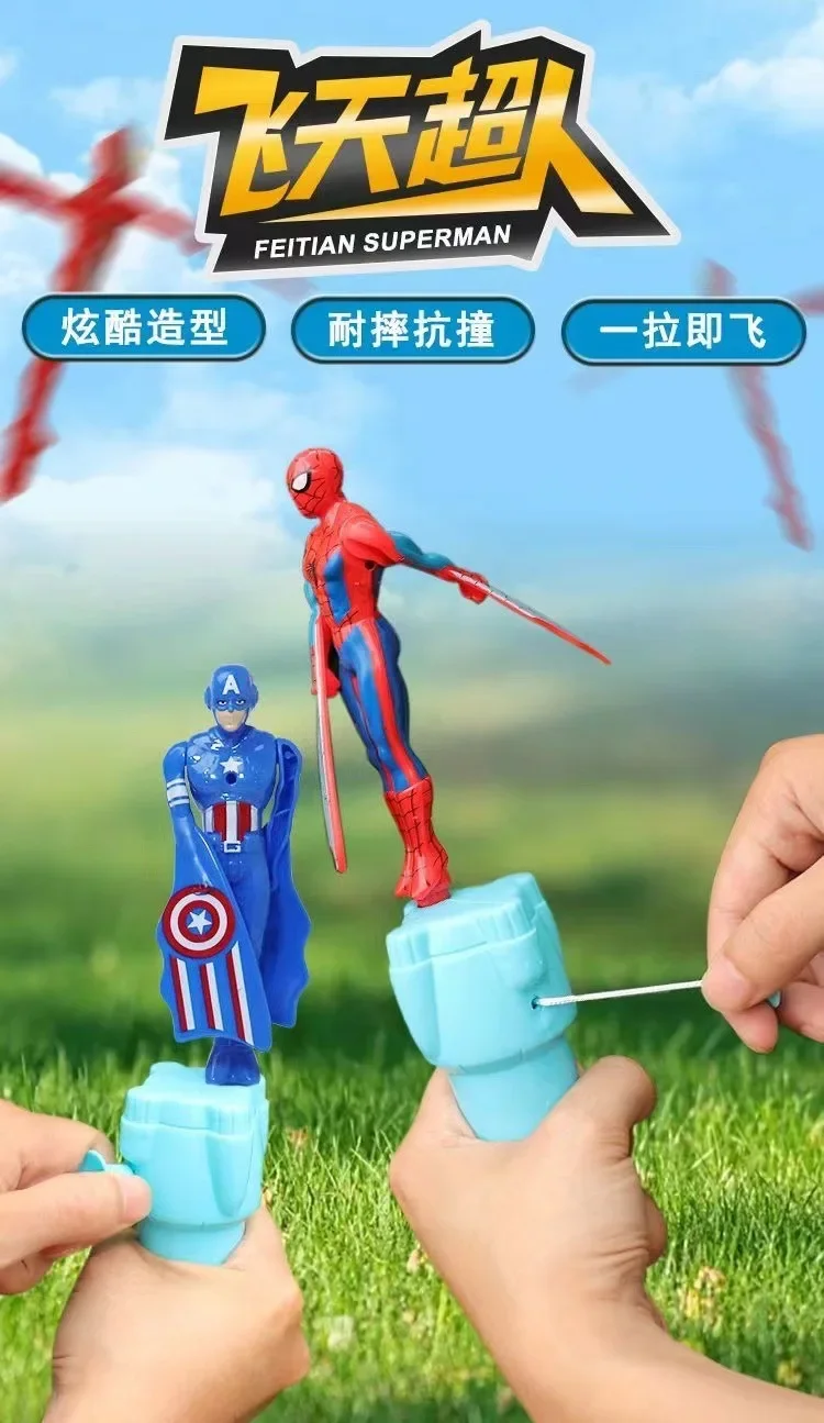 Disney Flying Toy Marvel Flying Spiderman Captain Hulk Pulling String Rotational Emission Outdoor Fun Toy Sports Childrens Gift