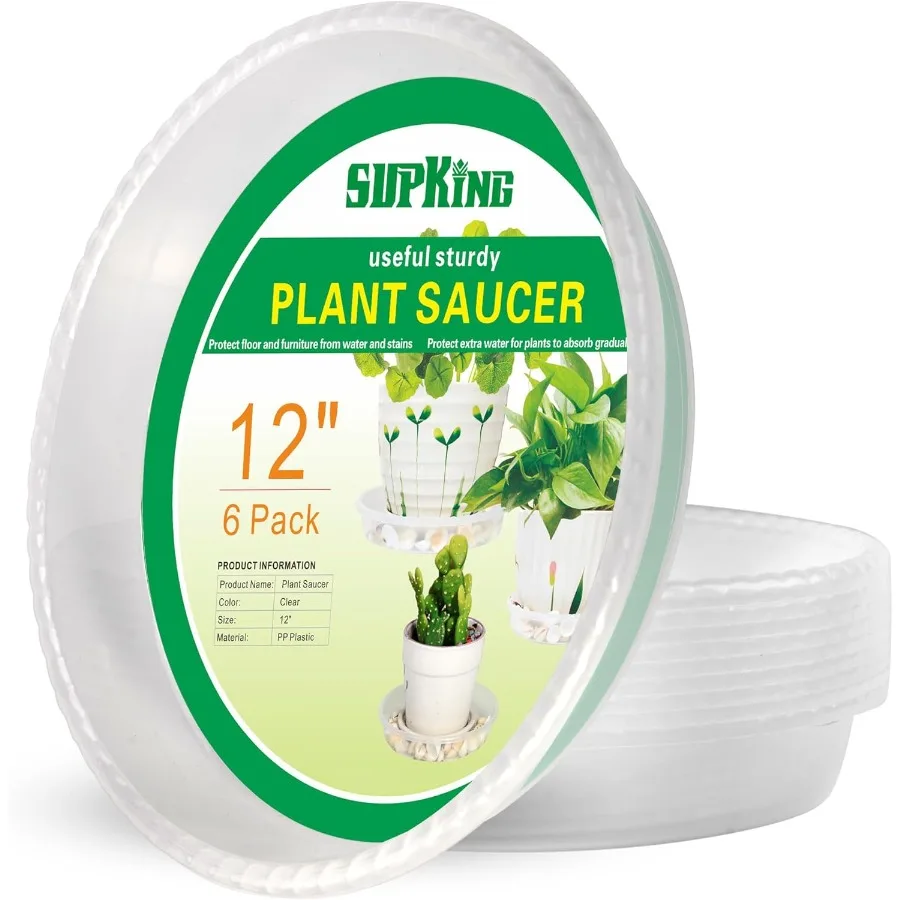 

SupKing, 6 упаковок, капельный поддон для растений, 6 8, 10, 12, 14, 15 дюймов, тяжелые прочные пластиковые блюдца для цветочных горшков для помещений, прозрачный пластик Pla