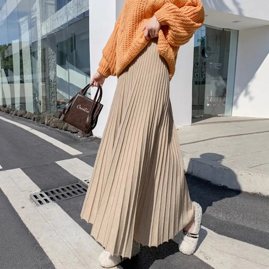 Damen-Strickrock mit hoher Taille, A-Linie, schlankmachender, gestapelter Taillen-Plissee-Swing-Regenschirmrock für Herbst und Winter