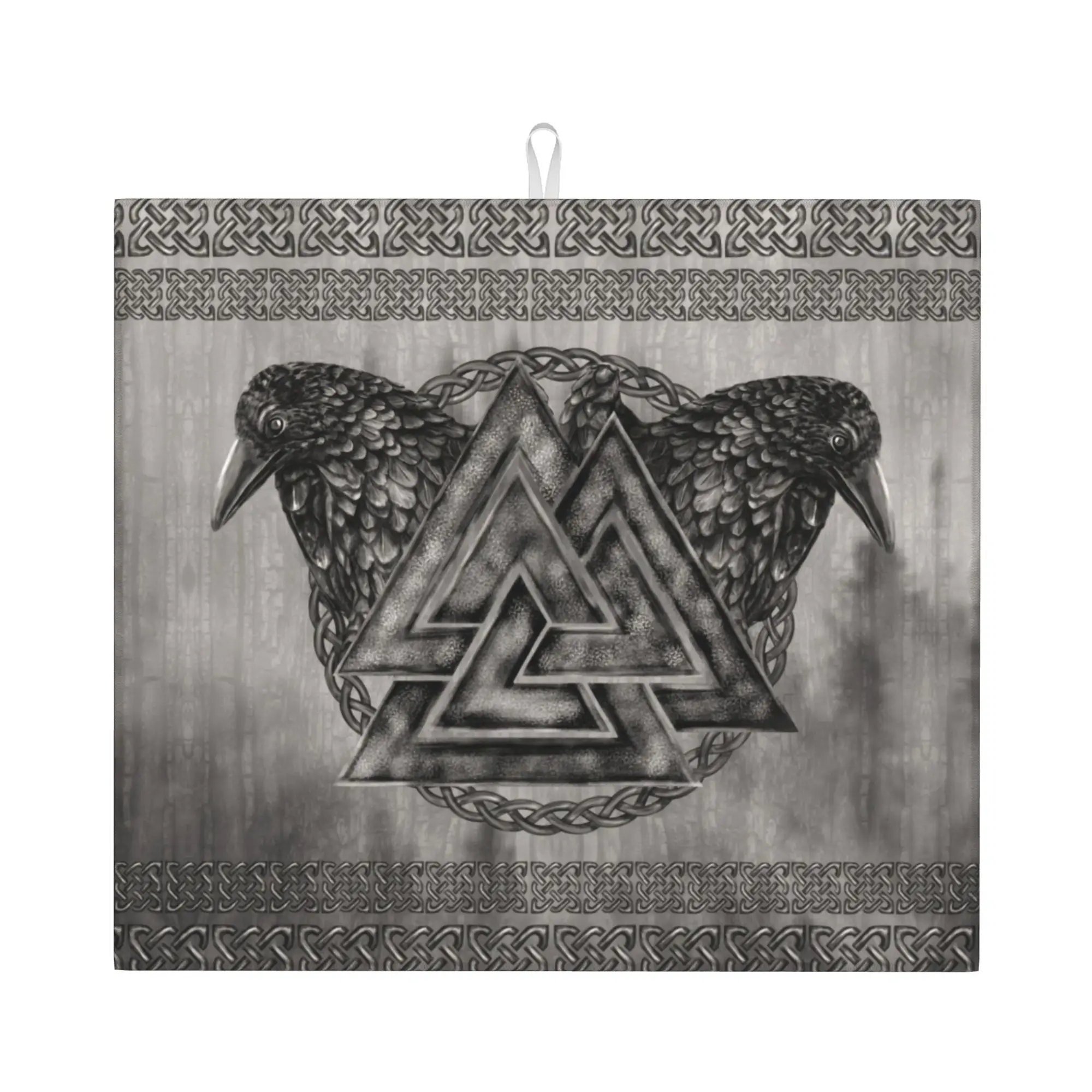 Valknut Symbol and Ravens Drying Mat For Kitchen Waterproof Valhalla Norse Viking Odin Bathroom Countertop Protector Mat