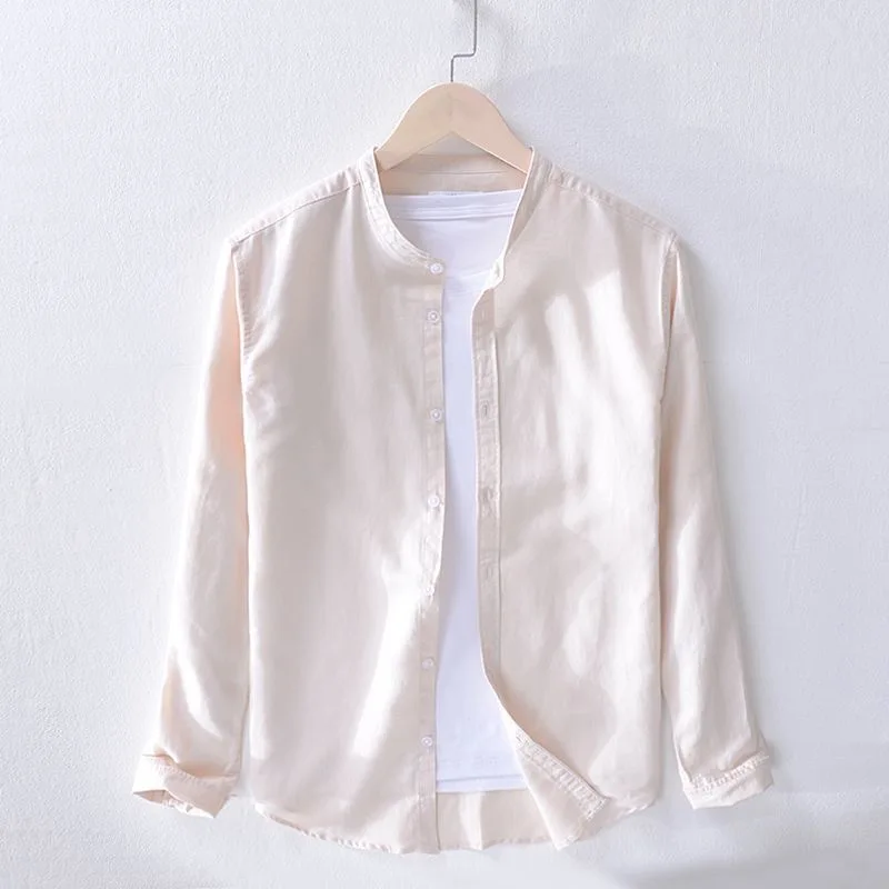 

Новый мужской льняной воротник-стойка irt Loose Fit Long Sve Удобный хлопковый льняной материал Moisture ng Дышащий бежевый ...