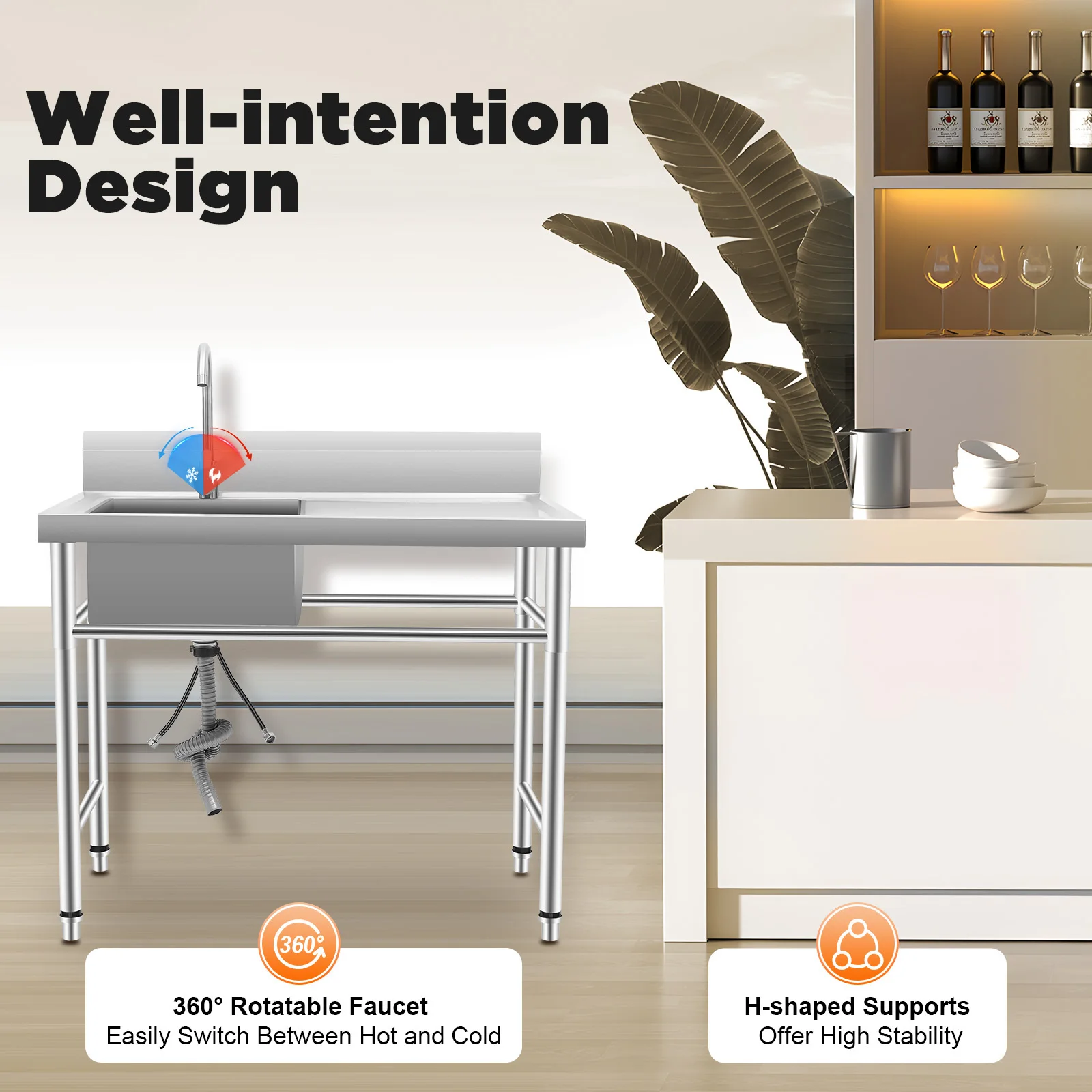 حوض فضي تجاري من الفولاذ المقاوم للصدأ - 39 × 24 × 37 بوصة، حوض فردي، قائم بذاته، مع صنبور وصرف، للمطعم/الغسيل