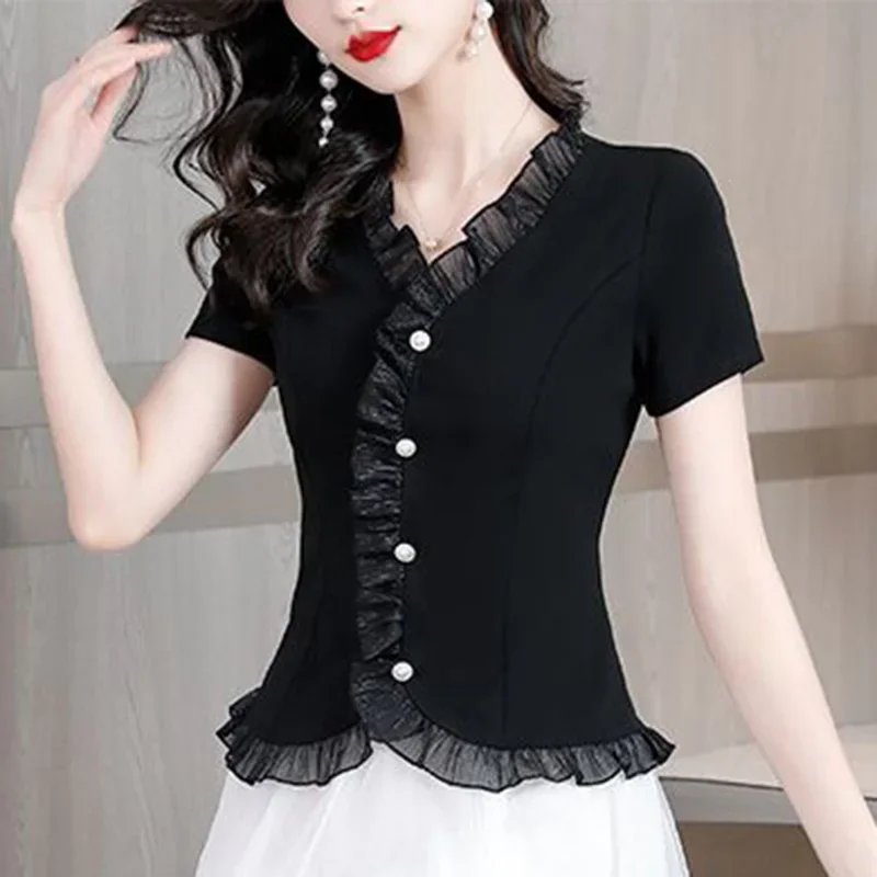 

Elegant V-Neck Spliced Solid Color All-match Ruffles Shirt Women's Clothing 2024 Summer New Tops Loose Office Lady Blouse D119