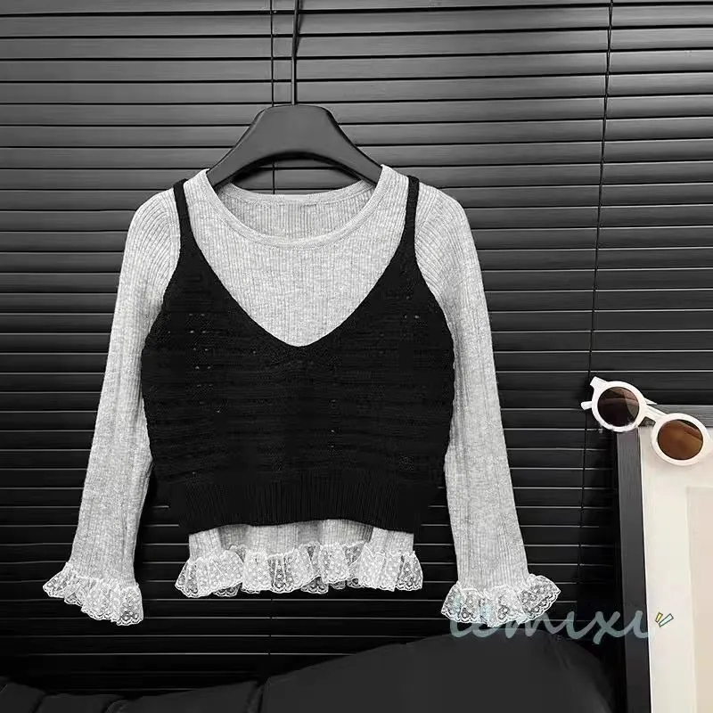 

Long-sleeved Knitted Bottoming Shirt Suspender Vest Medium and Older Children's Spring and Autumn Versatile Lace Sweater set