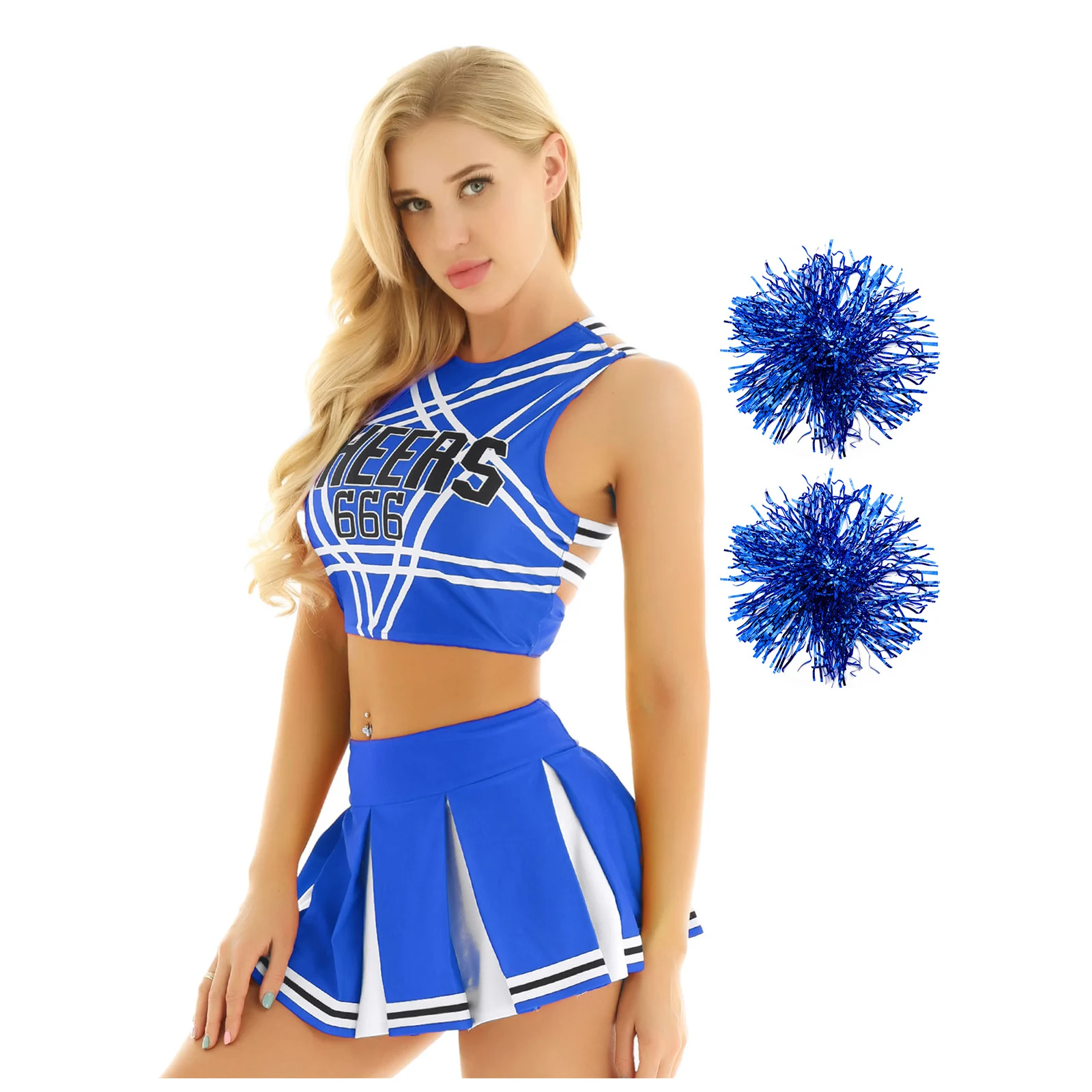 

Womens Adults Cheerleader Uniform Dress Outfits Sleeveless Crop Top+Mini Pleated Skirt+Flower Balls Schoolgirl Role Play Costume