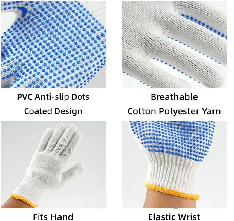 12 paar werkhandschoenen met antisliphandgreep, PVC-stippen veiligheidskatoenbescherming, voor schilder, monteur industriële constructie
