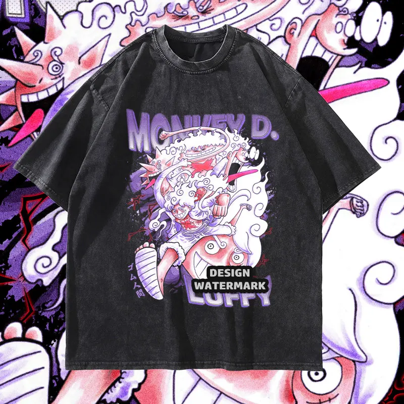تي شيرت Nika Luffy تي شيرت أنيمي عتيق مغسول تي شيرت كبير الحجم Zoro Sanji بأكمام قصيرة مانغا O-One قطعة علوية تي شيرت رجالي 100% قطن