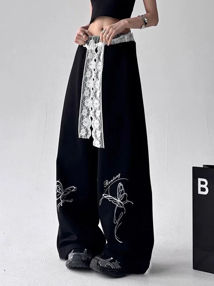Vintage Bufferfly Y2k Sweatpantsผู้หญิงหลวมสูงเอวลูกไม้PatchworkกางเกงStreetwear Retro Casual Bf Harajukuกางเกง