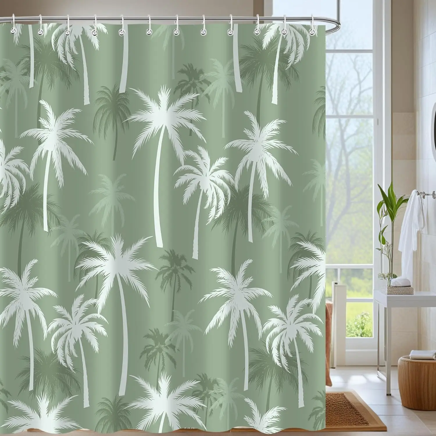 

Tropical Palm Tree Shower Curtain, Summer Hawaii Coconut Tree Sage Green Bathroom Curtain Decor, Polyester Waterproof