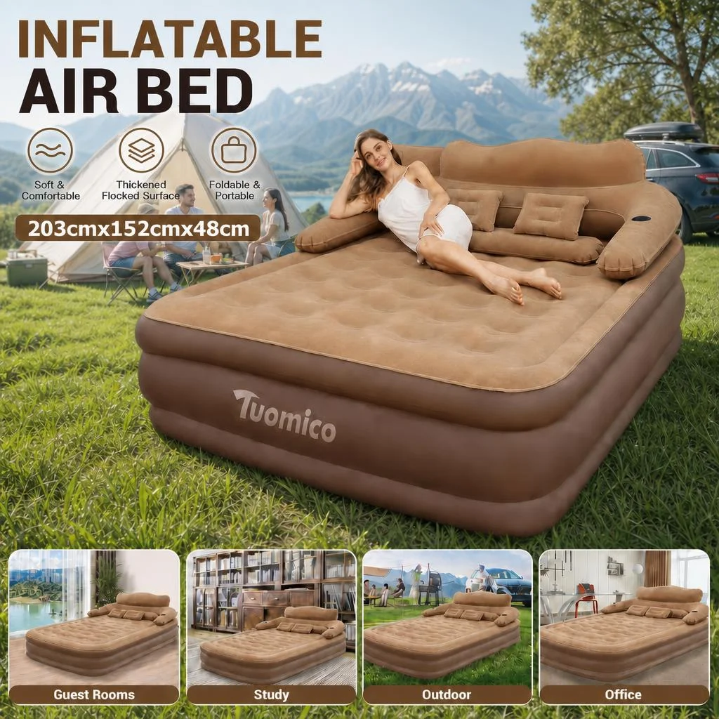 2-Personen-Campingmatratze mit integrierter/externer Pumpe, Rückenlehne, PVC, automatisch aufblasbares Luftkissen, erhöhte Höhe, verdickt, für drinnen und draußen, Büro, Freizeit, Schlafmatte, 203 cm