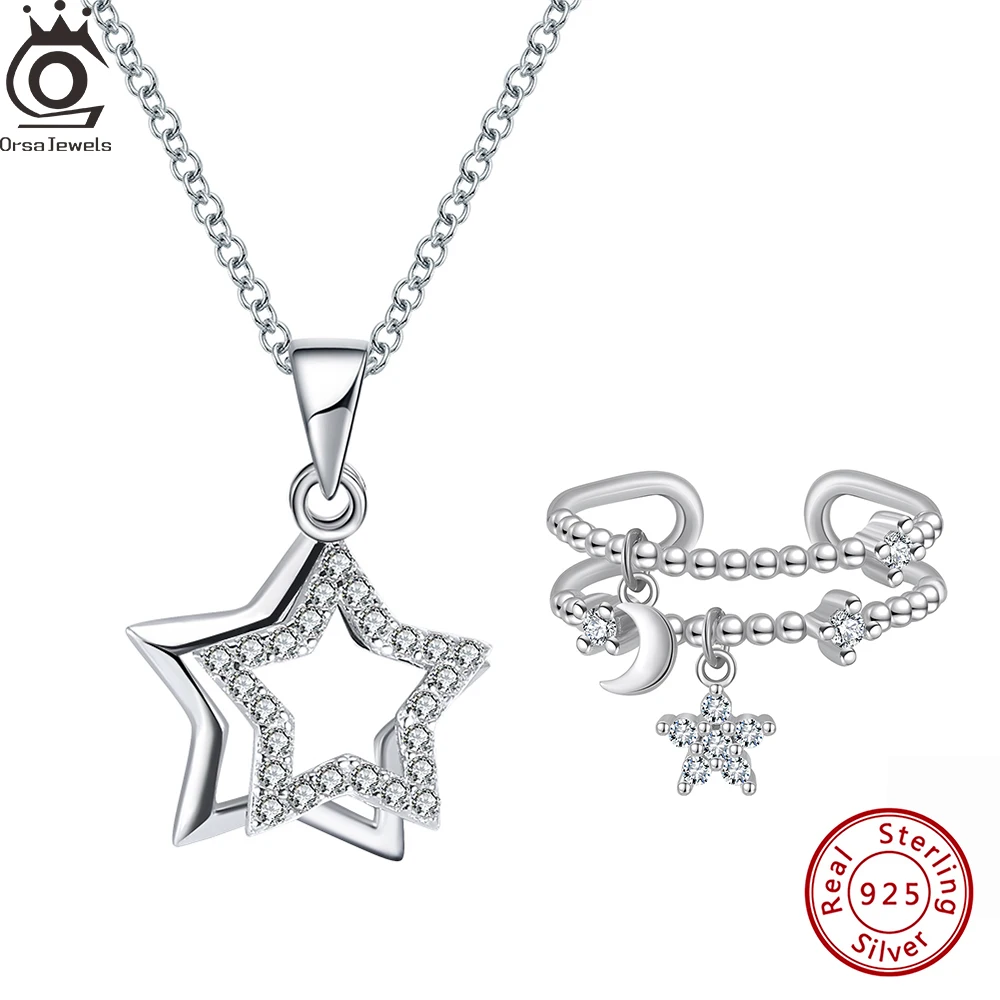 

ORSA JEWELS Hollow Out Star Cubic Zirconia Jewelry Set Necklace Open Ring CZ Female Trendy Soild 925 Sterling Silver Gift SN82