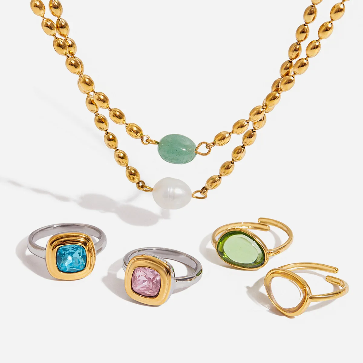 

✨Sunny Girls Gold Plated Bead Necklace & Gemstone Ring Set | Pearl-White Colorblock | Summer Layering Skin-Baring Vibe