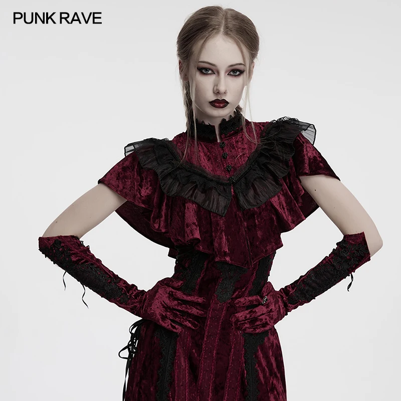 PUNK RAVE Women's Goth Retro Embroidered Velvet Gloves Exquisite Bright Silk Webbings Romantic Mysterious Warmers Accessories