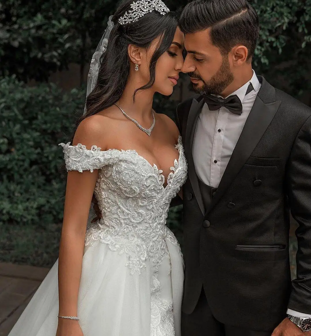 Vestidos De Novia De lujo personalizados con cuentas De encaje De tul Vintage con hombros descubiertos Vestidos De Novia De Novia