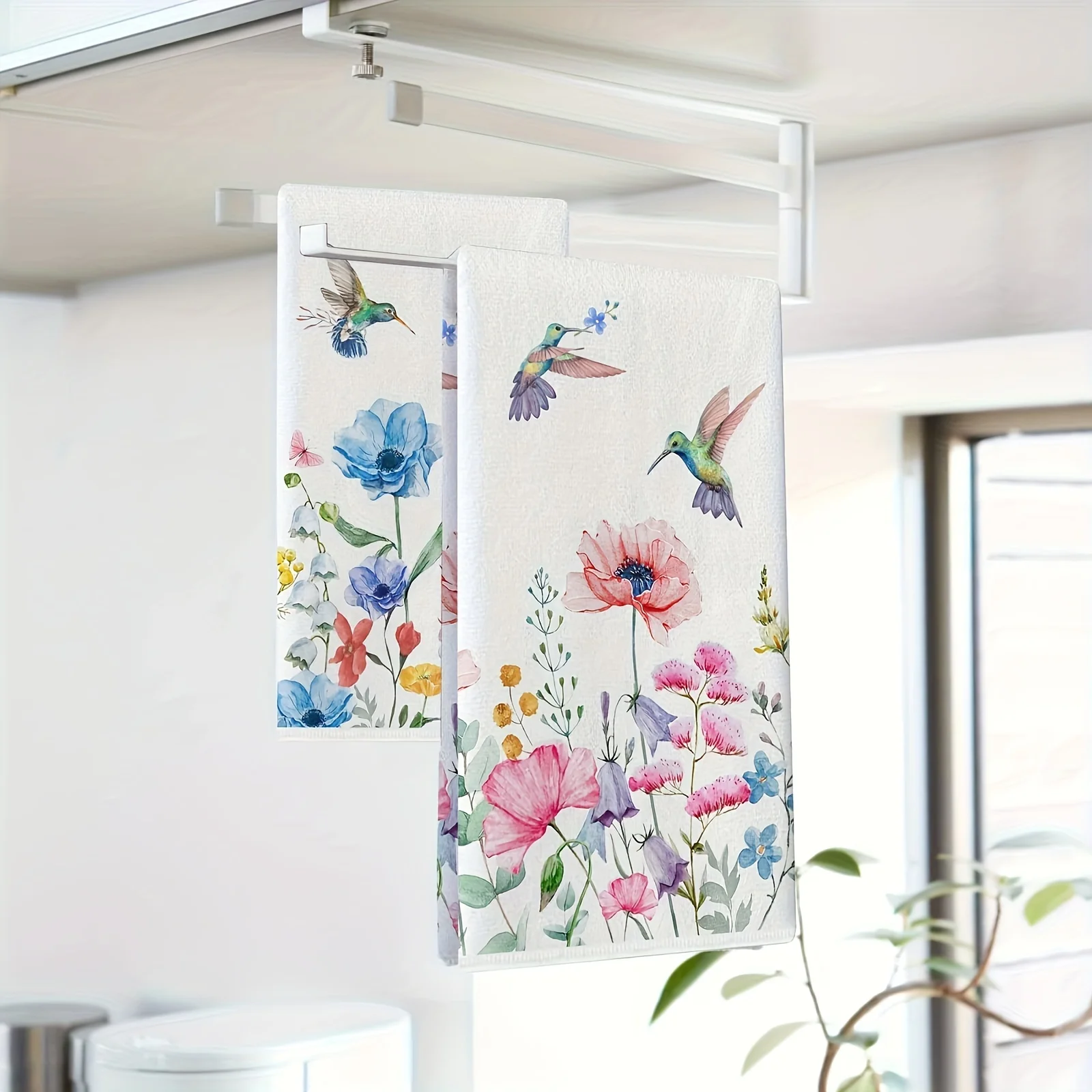 2pcs Hello Spring Kitchen Towels - Colorful Floral & Hummingbird Green Plant Print,Hand Towels, Easy to Clean Seasonal Decor