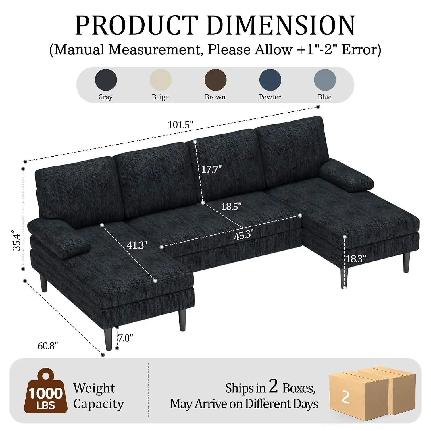 U-Shaped Sectional Sofa, 101 Inch Modular Double Chaise Lounge, Chenille 4-Seat for Living Room & Apartment, Grey, Customized