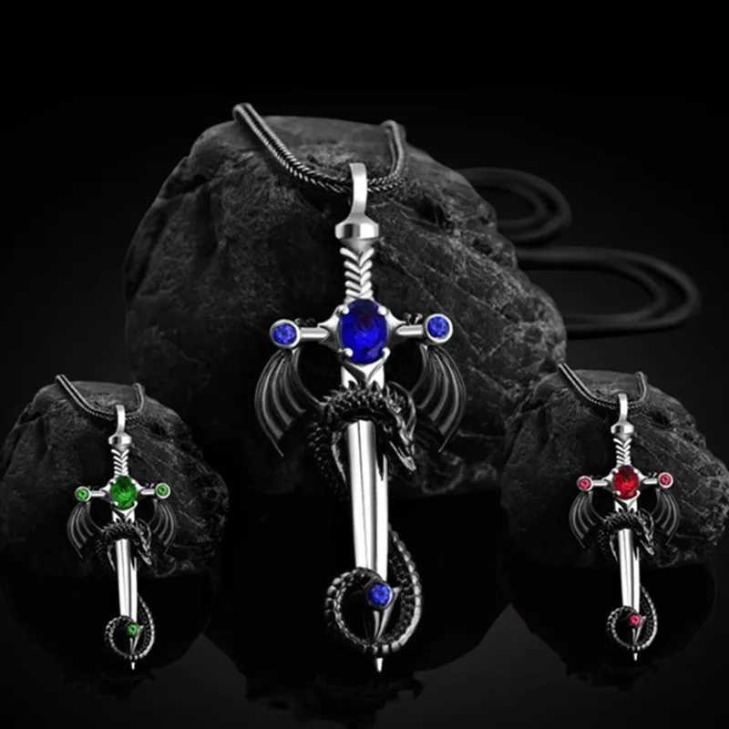 Fashion Men Dragon Sword Necklace Sword Black Dragon Pendant Hip Hop Necklaces for Men Animal Jewelry Party Anniversary Gift