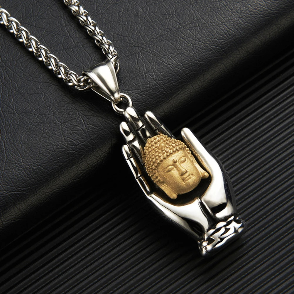 

Hand Palm Buddha Necklace Men Stainless Steel Unique Punk Vintage Jewelry For Anniversary Valentine'S Day Halloween Gift