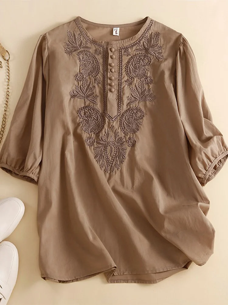 

Women's Cotton Linen ort Sve irt Embroidered Artistic Sle Summer Thin Top round Ne Pullover Loose Fit Casual Wear