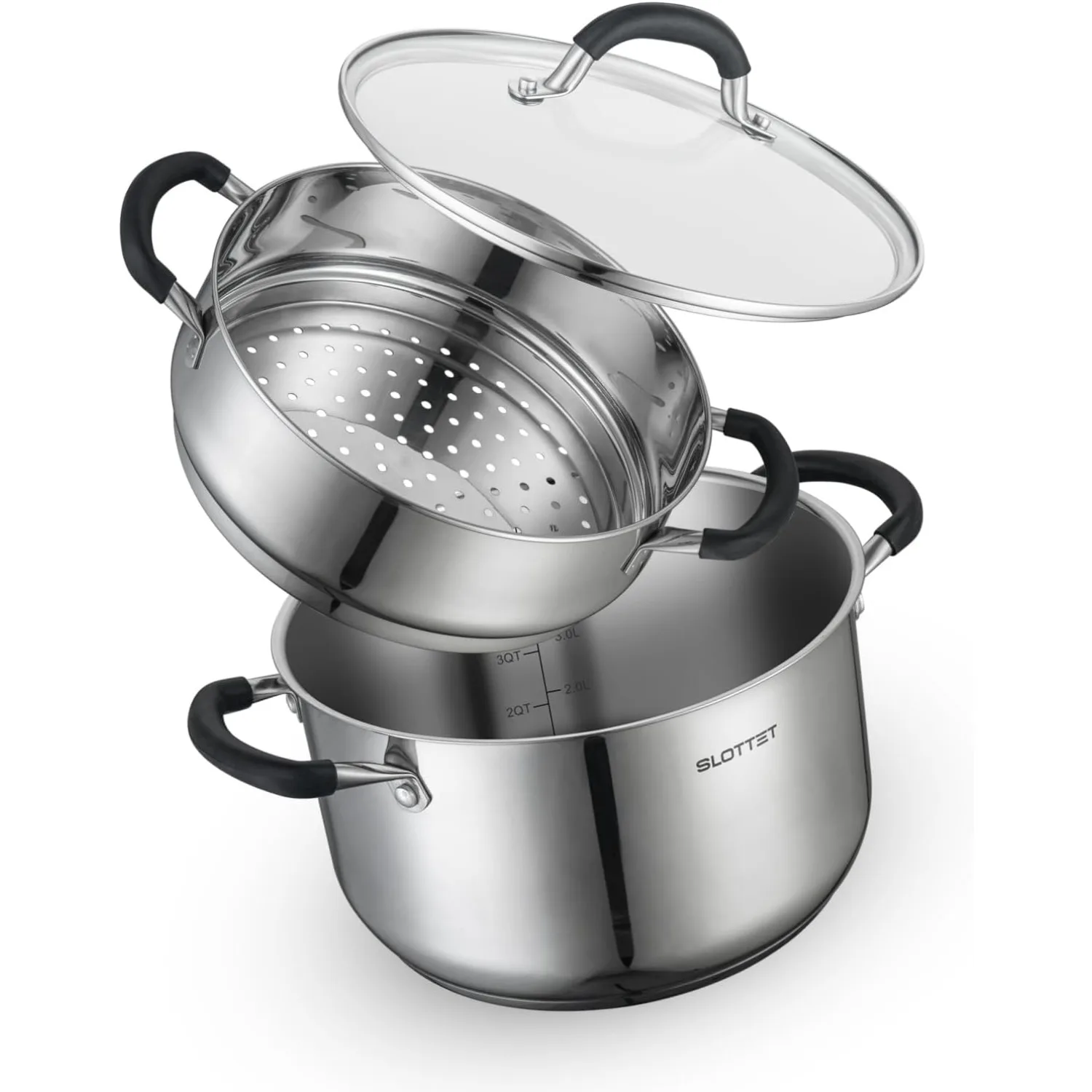 

6 Quart Stainless Steel Stock Pot with Steamer,6 Qt Multipurpose Stockpot with Stay-cool silicone Handle and Glass Lid ﻿