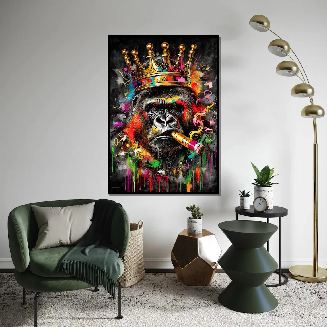 Majestic King Gorilla Canvas Print, Colorful Gorilla with Crown and Cigar, Urban Street Graffiti Art Animal Wall Art Canvas
