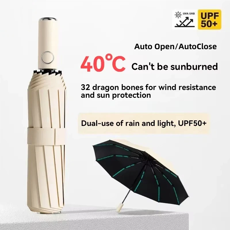 2026 Neuer 32-Rippen Vollautomatischer Regenschirm Leicht Zusammenklappbar Winddicht Sonnenschutz UPF50+ UV-Schutz Regenschirm
