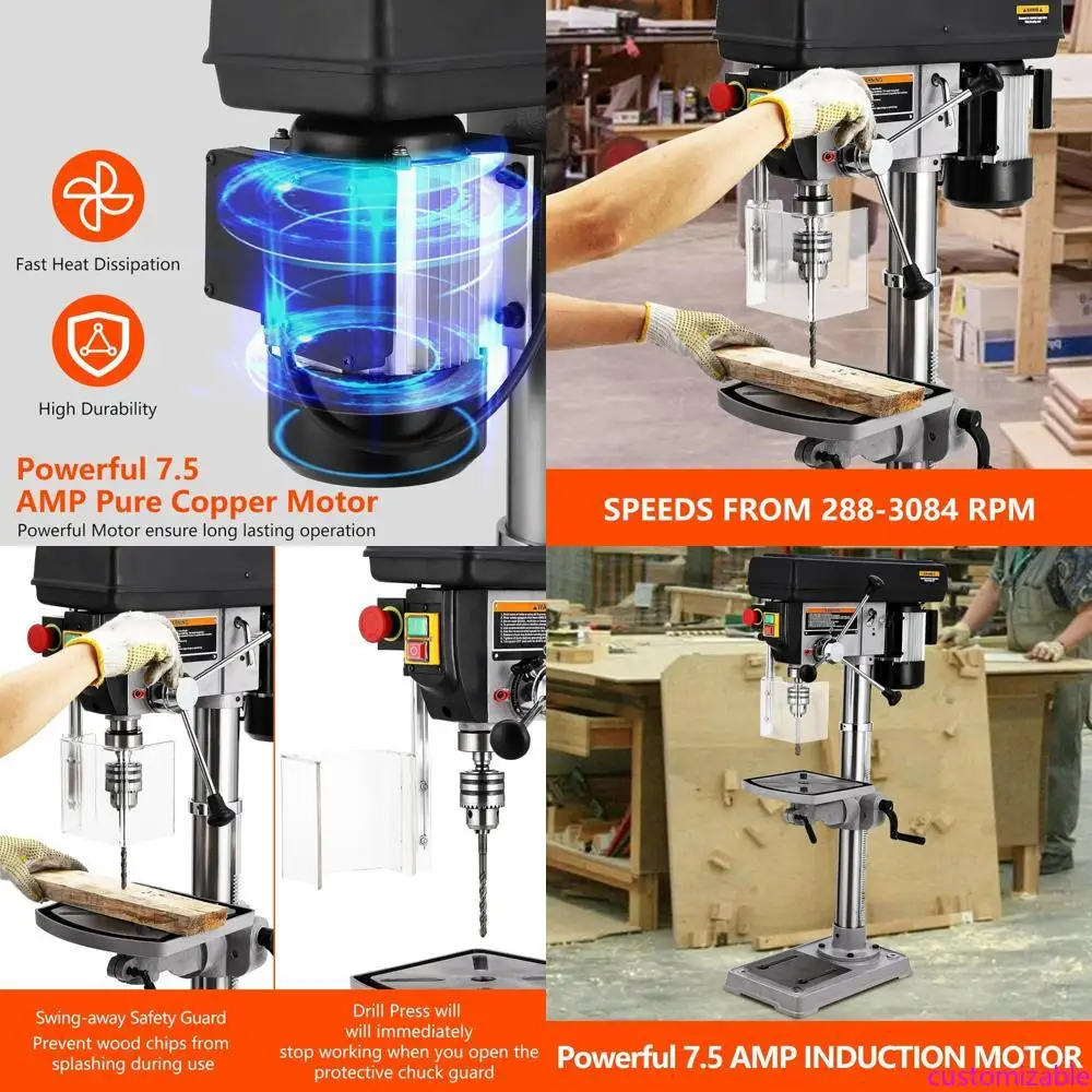 

13-дюймовый настольный сверлильный станок с поворотным защитным кожухом, двигателем из чистой меди 7,5 А и наклонным рабочим столом с переменной скоростью D