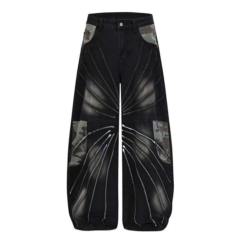 

Винтажные свободные джинсы в стиле хип-хоп, камуфляжные лоскутные повседневные джинсовые брюки для мужчин