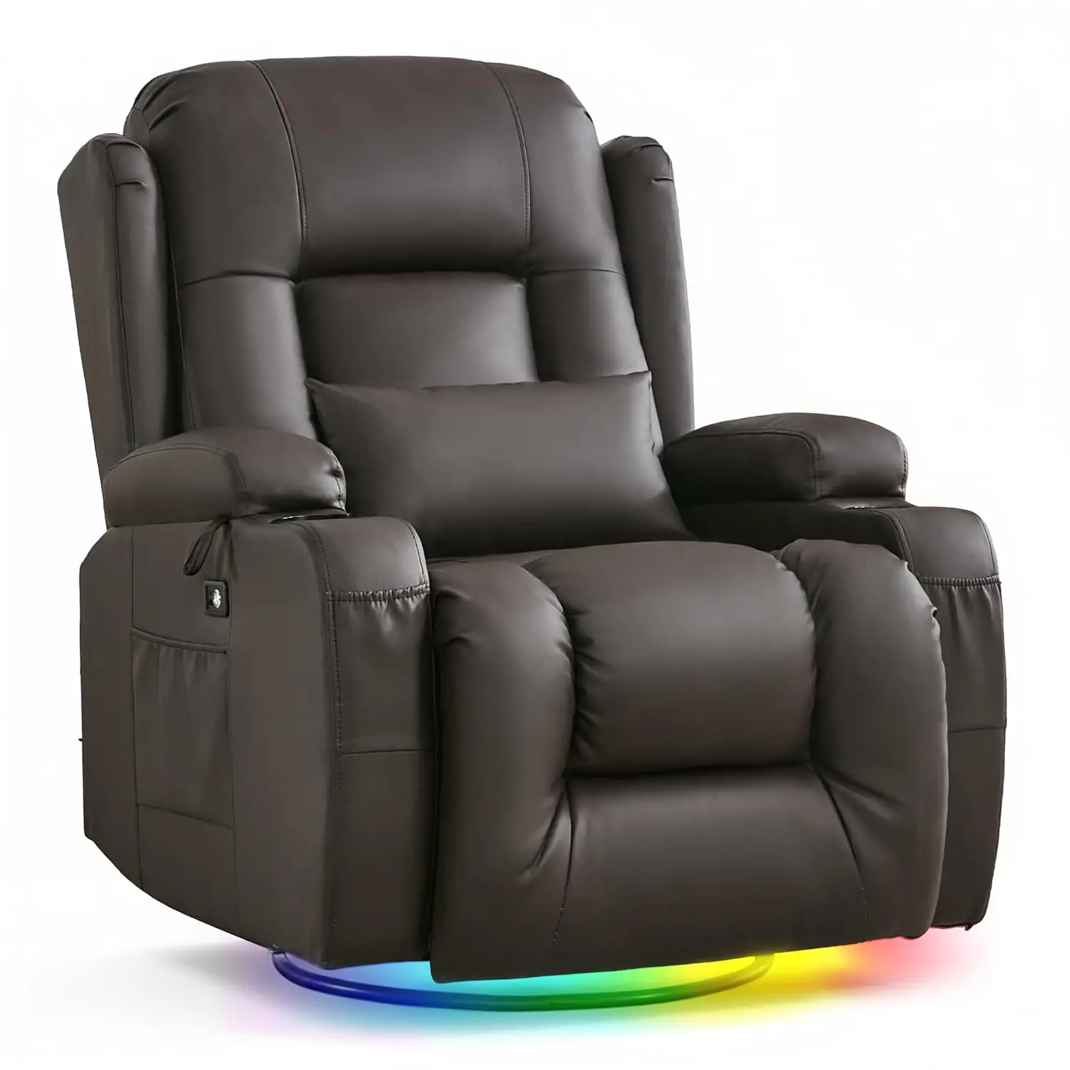 Swivel Rocker Recliner with LED Lights, 270° Reclining Sofa with Cup Holders & Pillow for Living Room, Faux Leather, Customized