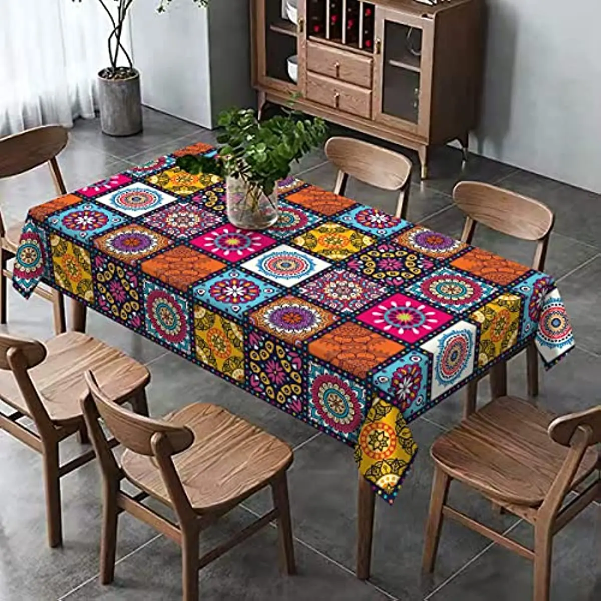 Mandala Bohemia Waterproof Rectangle Tablecloth Colorful Table Cloth for Indian Holiday Party Decoration Boho Home Kitchen Decor