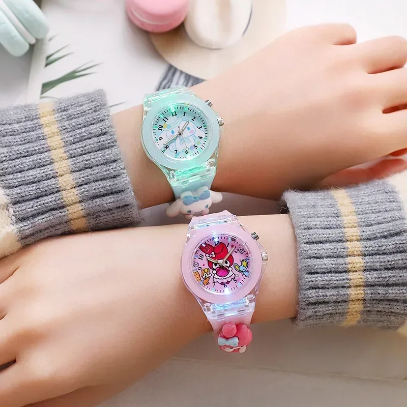 New Sanrio Waterproof Glowing Watches Kawaii Cartoon Hello Kitty Melody Kuromi Cinnamoroll Silicone Watch Cute Anime Kids Gifts