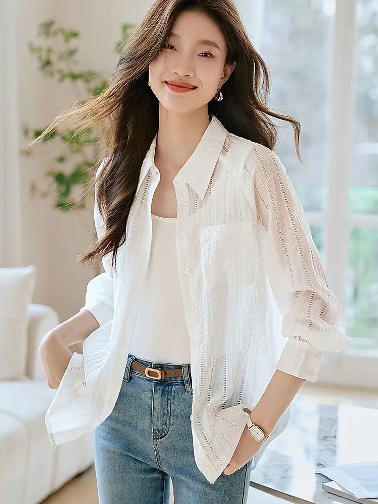 Elegant Fashion Harajuku Slim Fit Outerwear Solid Button Thin Style Hollow Out Long Sleeve Blusa Casual All Match Female Clothes