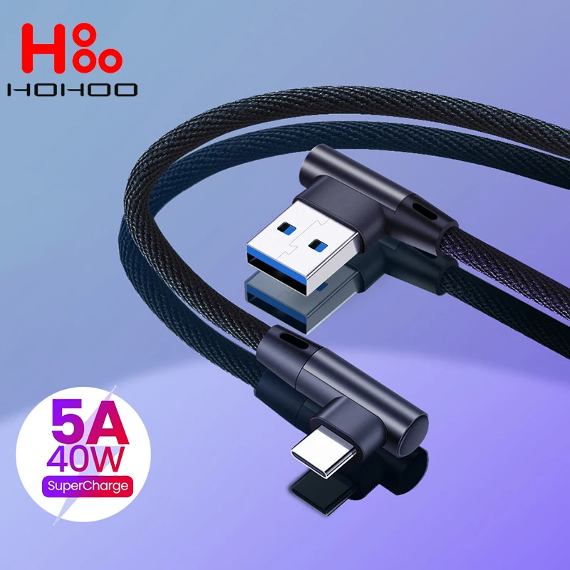 90 Degree Elbow USB Type C Charger Cord Cable for Huawei Xiaomi Redmi Mobile Phone Accessories 5A Fast Charging USB Cable 1M 2M